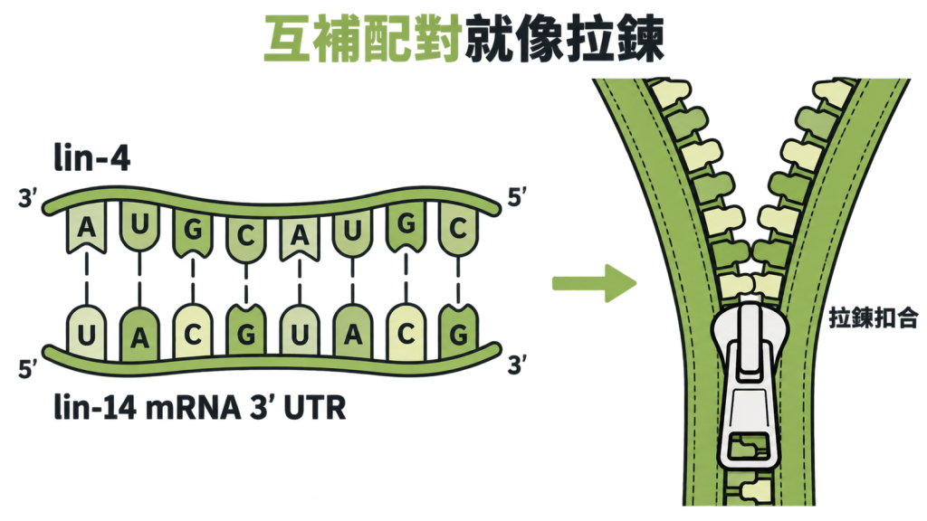 兩段 RNA 畫成拉鍊兩側,A 對 U、G 對 C 逐一扣合,lin-4 扣在 lin-14 mRNA 尾端的 3' UTR 區段