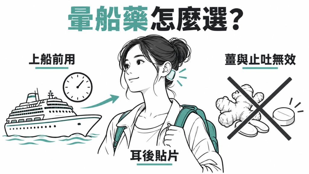 暈船藥比較封面:耳後 scopolamine 貼片效果最好,薑與一般止吐藥進不了大腦平衡中樞,擋不住暈船