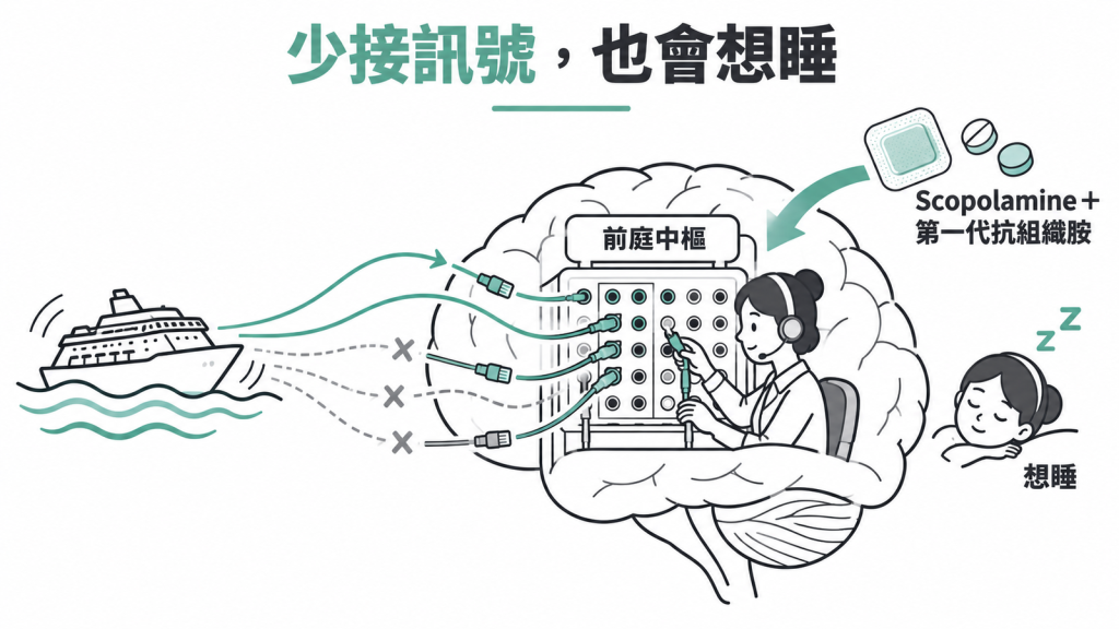 電話總機插圖:船晃動的來電湧進大腦平衡總機,暈船藥讓接進來的電話變少,警鈴隨之減弱