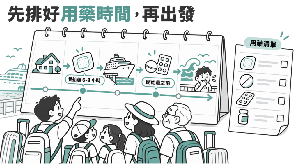 四步驟流程圖:帶用藥清單看診、說明病史、把貼片與口服藥時間寫進行程表、孩子在家先試藥