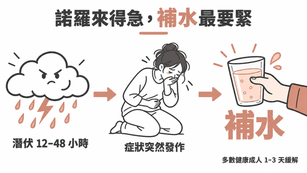 以午後雷陣雨比喻諾羅病毒病程:潛伏期、急性吐瀉、1到3天放晴,地上積水代表吐瀉流失的水分