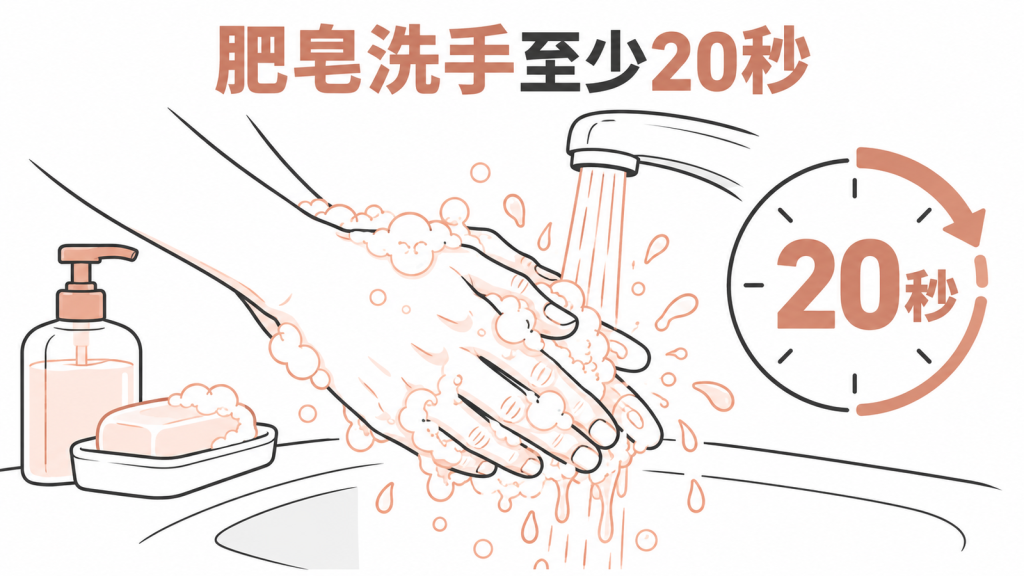 肥皂洗手20秒與酒精乾洗手對照,標示如廁後、清嘔吐物、換尿布、準備食物前四個洗手時機