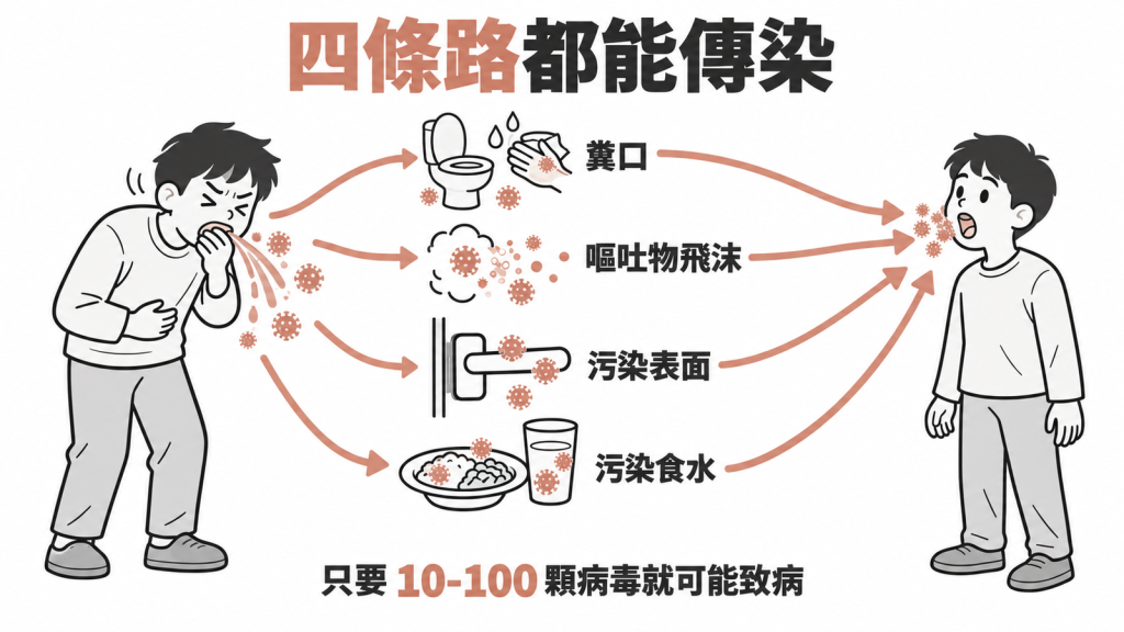 四格圖示諾羅病毒傳播途徑:如廁後沒洗手、嘔吐飛沫、門把與馬桶座等表面、受污染的食物和水