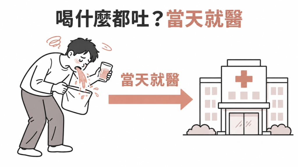 四色分級表:輕度在家補水、高風險族群多觀察記錄、可能脫水當天就醫、大便帶血需就醫找原因