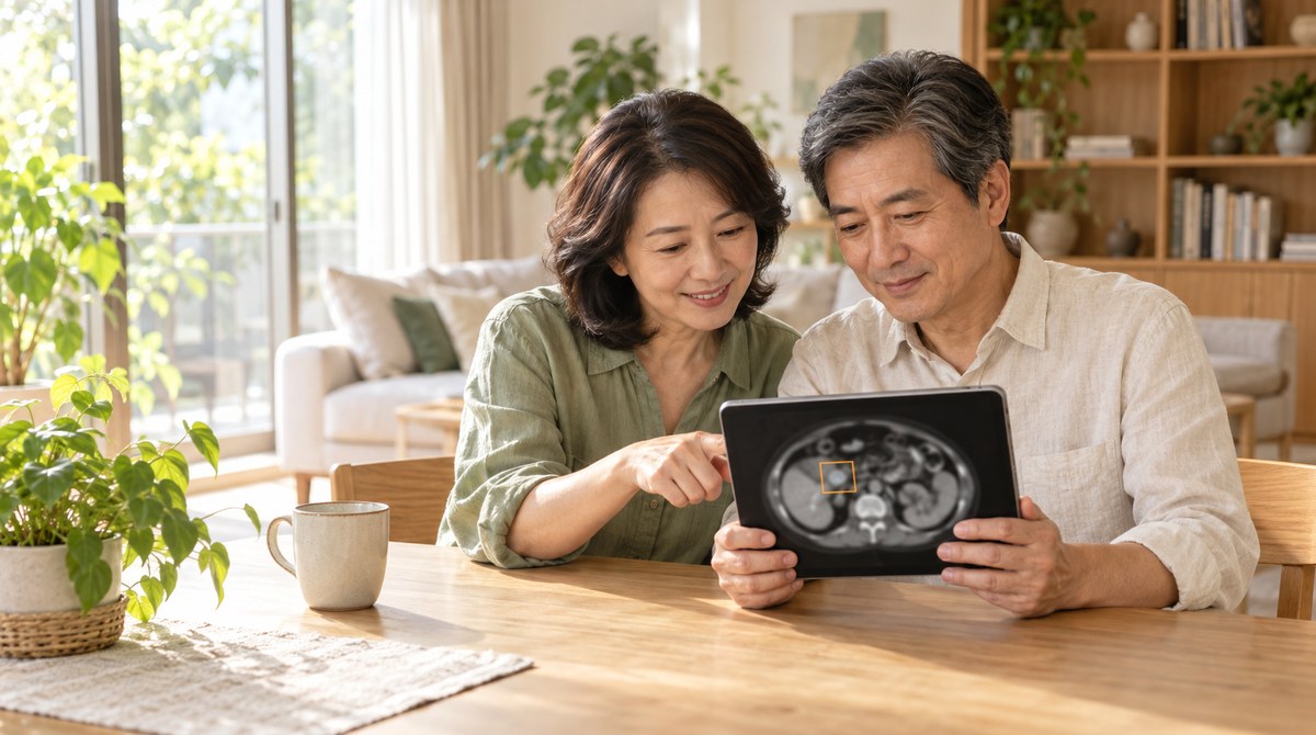 夫妻在家中用平板查看腹部電腦斷層影像,AI 標示出可疑區域