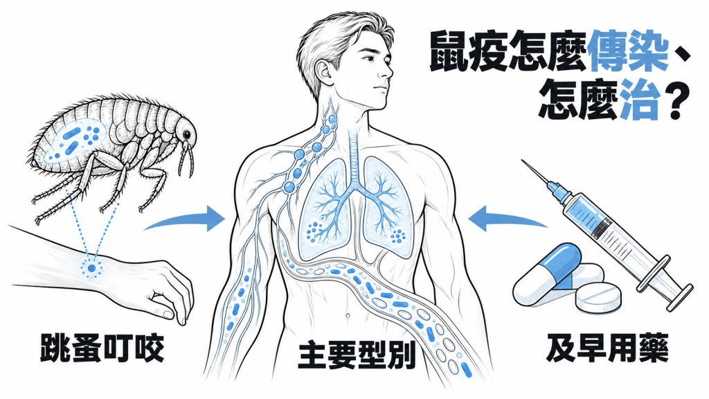 鼠疫衛教封面:說明跳蚤叮咬等傳染途徑與四種臨床型別,強調一旦懷疑就及早使用抗生素,致死率可大幅下降。