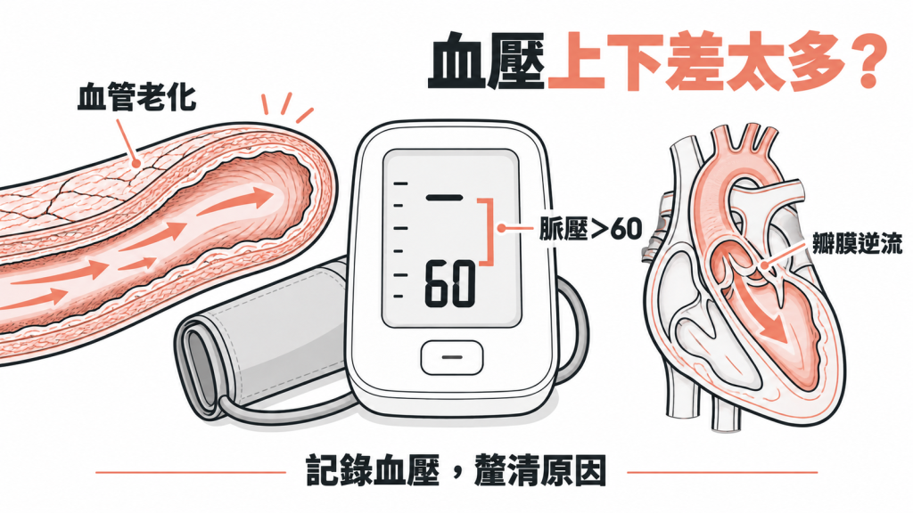 血壓計顯示收縮壓與舒張壓差距拉大，說明脈壓超過60屬寬脈壓，要分辨是動脈老化變硬，還是主動脈瓣逆流造成