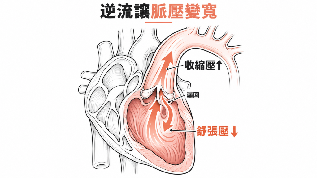 心臟剖面圖，主動脈瓣關不緊，血液倒流回左心室，旁邊標示收縮壓上升、舒張壓下降的兩個步驟