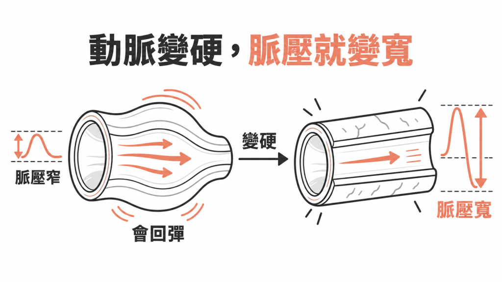 左邊是撐開後會回彈的氣球，代表脈壓窄；右邊是硬化的塑膠水管，壓力上衝下掉，代表脈壓變寬
