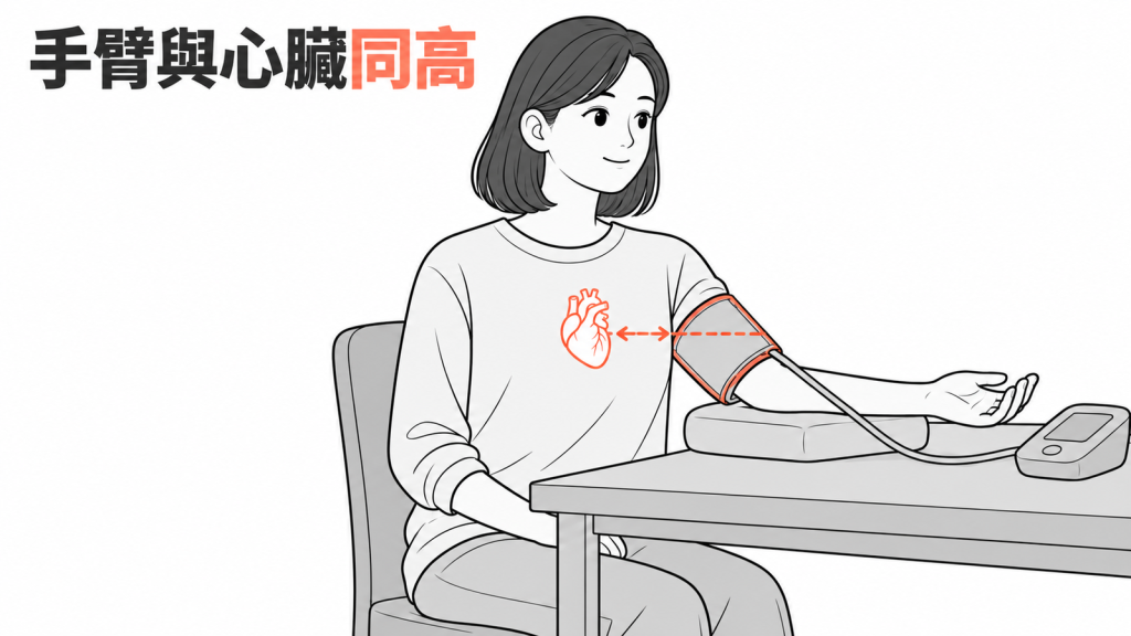 一個人坐著量血壓，手臂與心臟同高，旁邊是早晚兩欄的血壓紀錄表，列出收縮壓、舒張壓與脈壓
