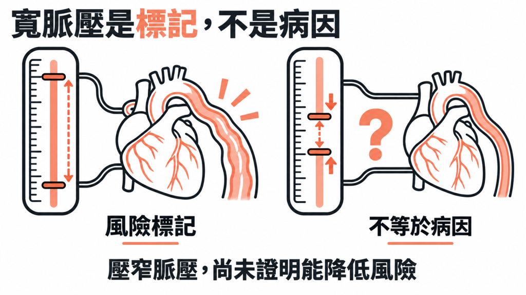 寬脈壓與心血管風險之間畫著相關的虛線，另標出把脈壓壓窄是否降低風險仍未證實的問號
