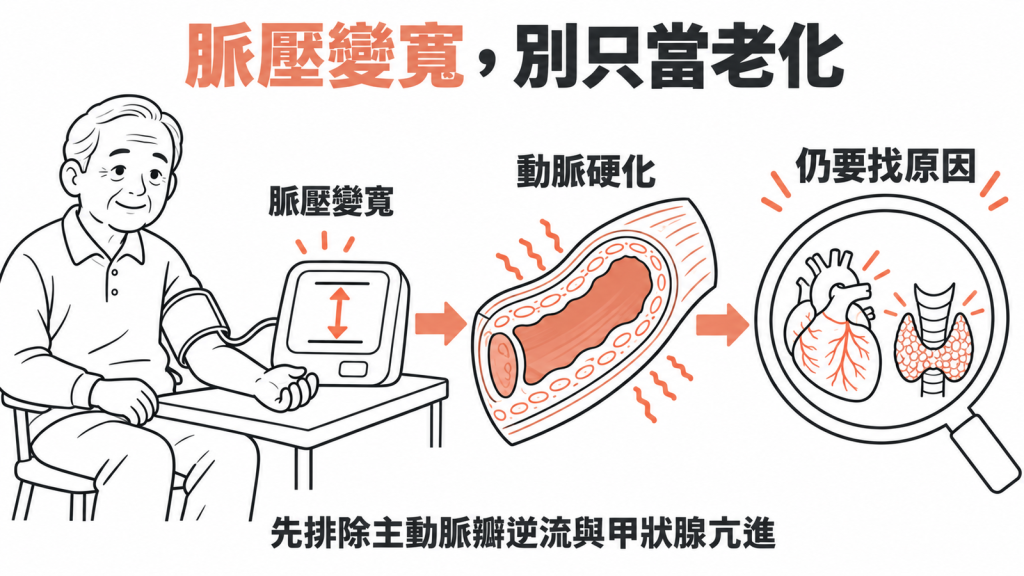 左右對照圖，左邊迷思寫著老化不用理，右邊真相提醒寬脈壓與心血管風險有關，應請醫師排除其他原因