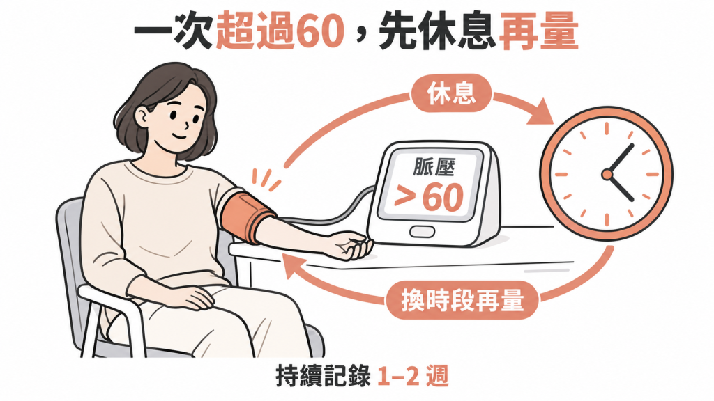 流程圖從脈壓超過60開始，依單次量到、年長無症狀、懷孕或運動員三種情境，分別指向不同的建議行動