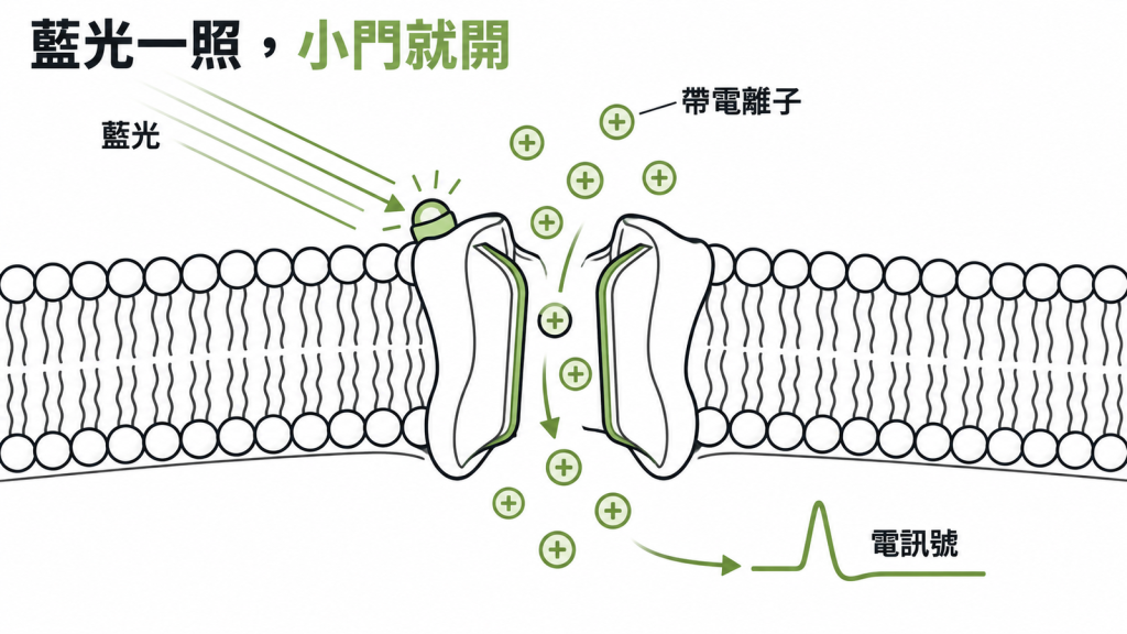 綠藻細胞膜上的通道視紫質示意圖,藍光照到後小門打開,離子流進細胞,產生電訊號