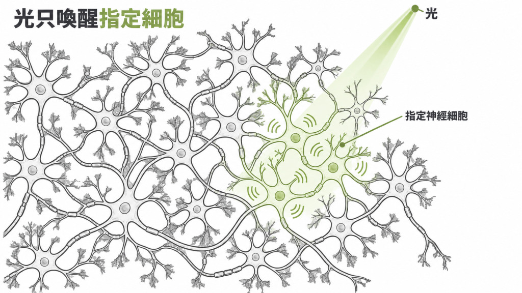 對比圖:左邊電極刺激一整片神經細胞,右邊用光照射,只有帶感光開關的一群細胞亮起