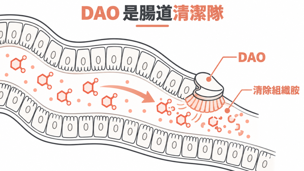 腸道示意圖:DAO 清潔隊在細胞外清掉組織胺,細胞內由 HNMT 處理;酒精和藥物讓清潔隊人手不夠,組織胺越積越多。