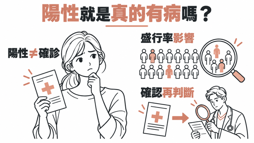 敏感度、特異度與陽性預測值:檢查陽性不等於確診,要看盛行率並做確認檢查