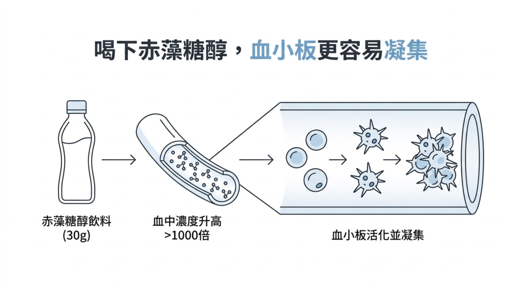 喝下赤藻糖醇飲料後血中濃度升高超過一千倍，血小板更容易活化凝集