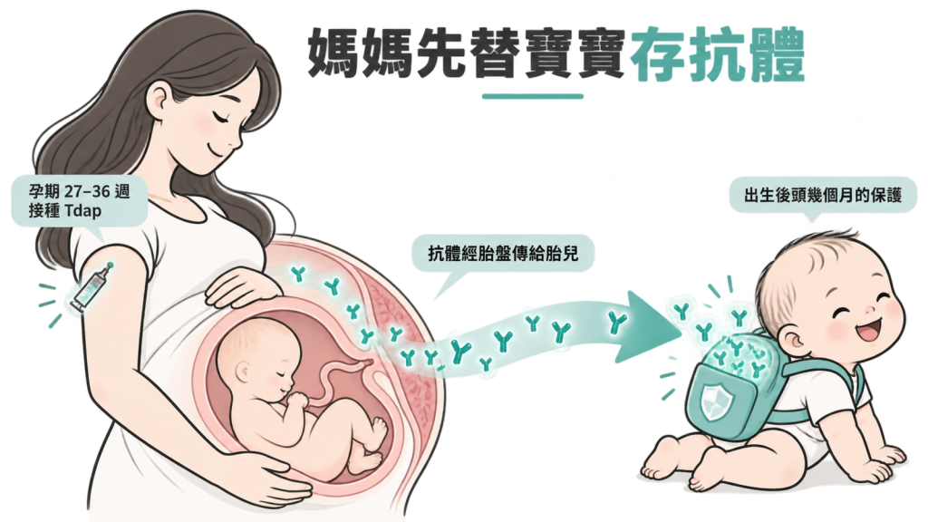 胎兒背著小背包,媽媽透過胎盤把百日咳抗體一批批放進背包的示意圖