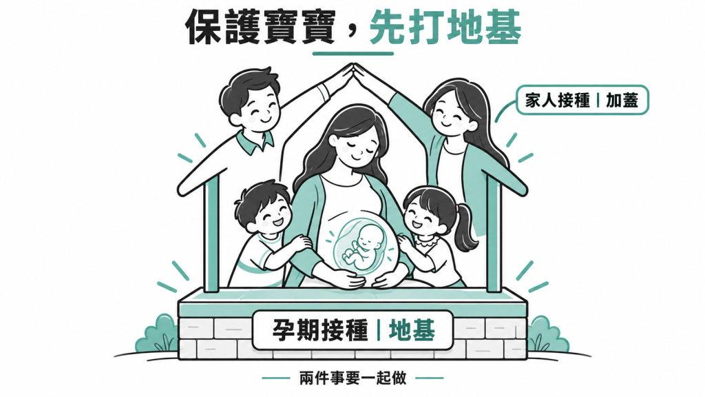 房屋剖面圖,地基標示孕期 Tdap,上層標示家人接種,說明兩層防護一起做才完整
