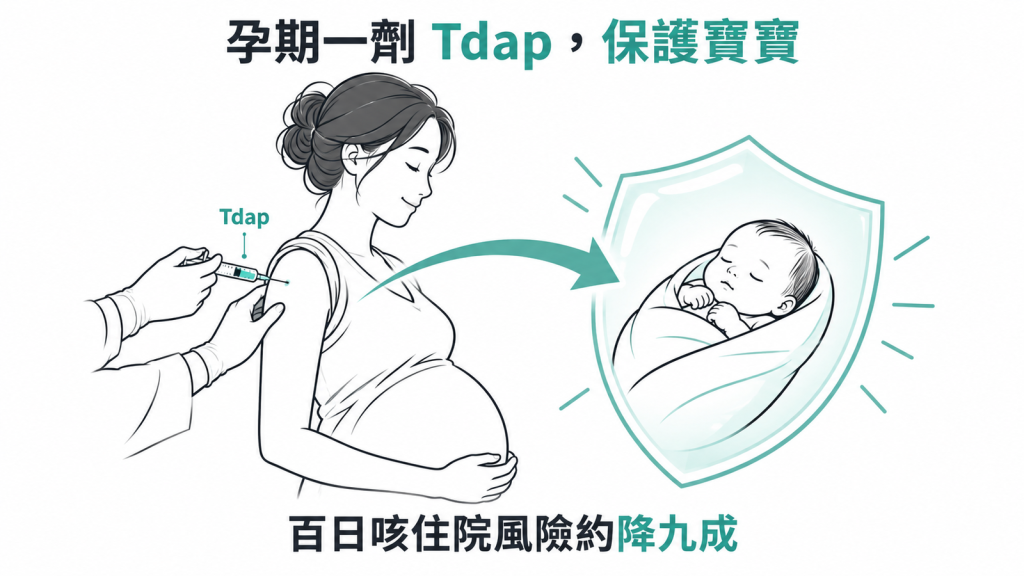 十個寶寶圖示中只剩一個仍需住院,對照孕期接種 Tdap 後住院風險降九成、死亡風險降約 95%