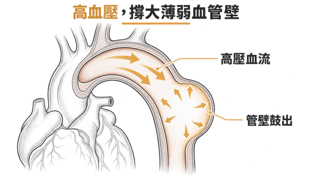 高血壓讓血流壓力變大,把主動脈較薄弱的管壁撐出鼓包