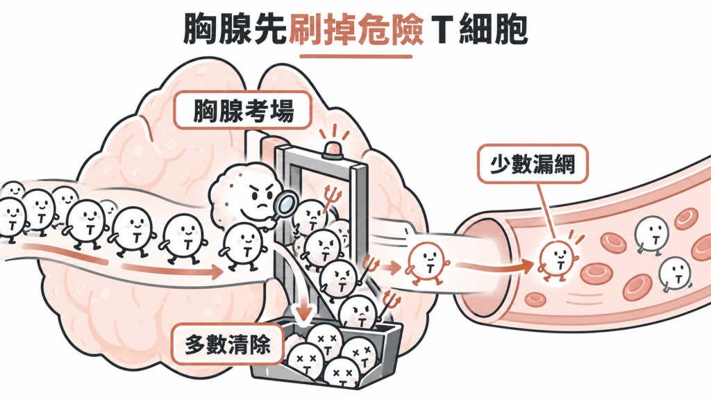 駕照考場比喻圖:年輕 T 細胞排隊受檢,危險者被淘汰,少數漏網者通過閘門進入血管