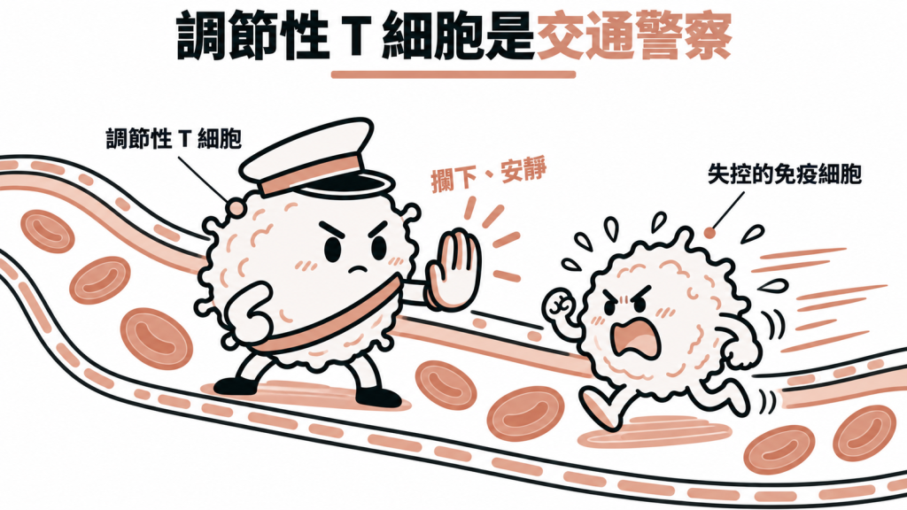 交通警察比喻圖:調節性 T 細胞在血管道路上舉手攔下飆車的攻擊型 T 細胞,避免自身組織受損