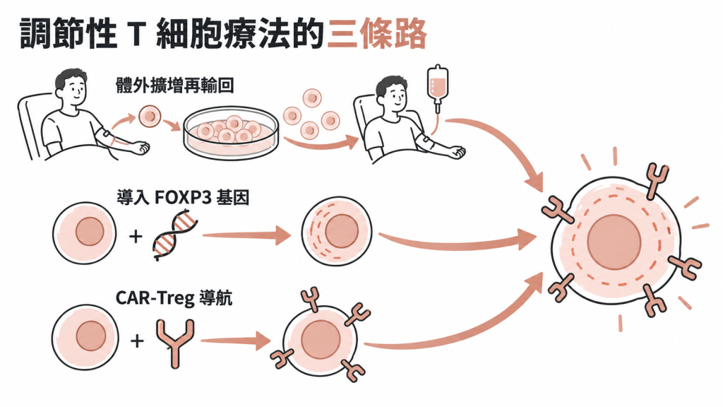 三欄流程圖比較體外擴增、FOXP3 基因轉殖與 CAR-Treg 三種新療法的做法,並標示超過 200 項試驗
