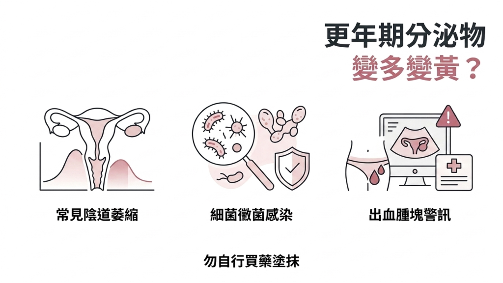 更年期前後分泌物變多變黃的衛教資訊圖，最常見原因是陰道萎縮，但出血、異味與腫塊要先排除感染和腫瘤