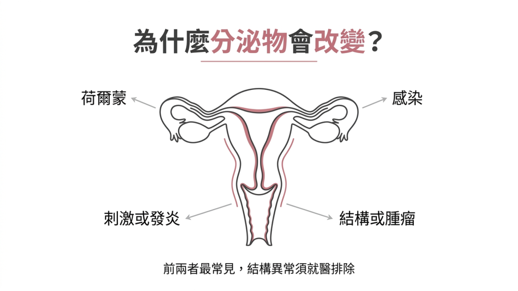 四格資訊圖並列荷爾蒙、感染、刺激或發炎、結構或腫瘤四類原因，前兩類標示最常見，腫瘤類標示必須排除