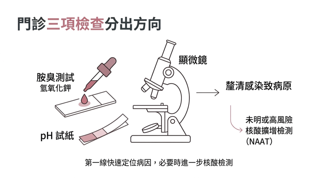 流程圖依序呈現酸鹼值試紙、胺臭測試、顯微鏡檢查三個步驟，最後一格是看不出結果時改做核酸擴增檢測