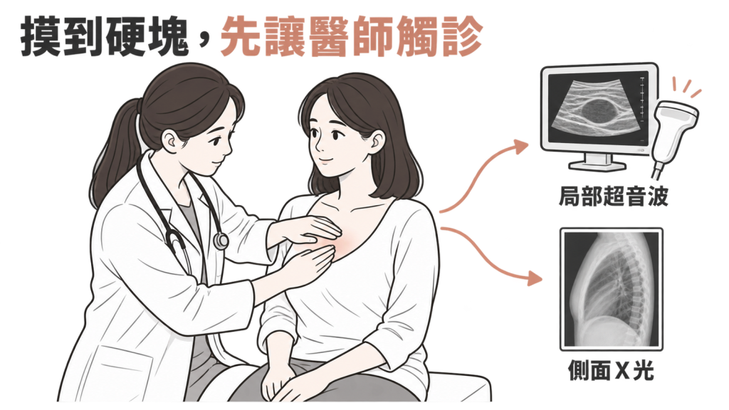 由左到右的流程圖：家醫科觸診，接著胸部側面 X 光或局部超音波，下方註明不必空腹、要拿掉金屬物品