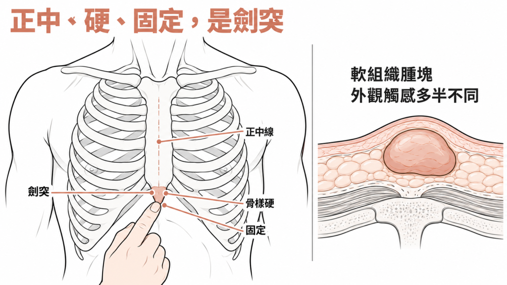 三格並排的圖示，分別畫出位置在胸骨下緣正中線、觸感像骨頭一樣硬、固定在胸壁推不動三個特徵