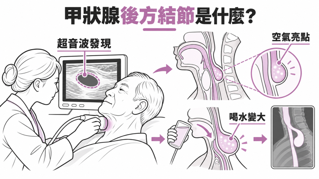 甲狀腺超音波在甲狀腺後方看到疑似結節,可能是 Zenker 憩室;有空氣亮點、喝水會變大,確診要做食道攝影與胃鏡。