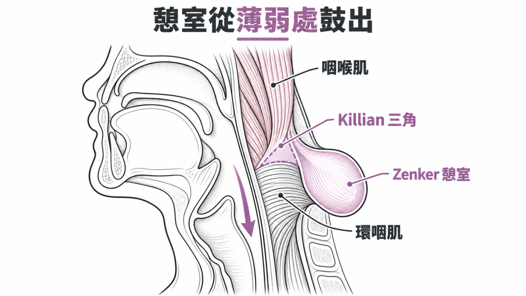 頸部側面剖面圖,標示下咽、環咽肌與食道,兩組肌肉交接處的 Killian 三角向後鼓出一個小袋子。