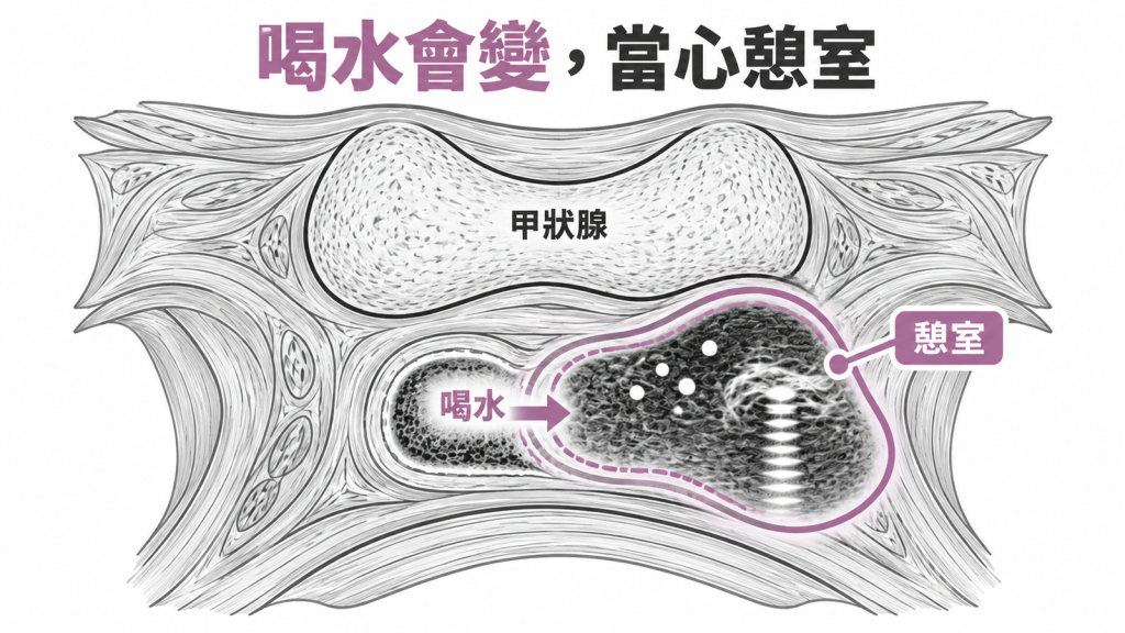超音波示意圖分兩格:甲狀腺後方病灶內有彗星尾亮線,以及喝水後病灶變大、邊緣模糊的前後對比。