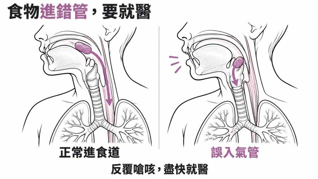 長輩照護警訊清單圖,四個圖示分別代表嗆咳、一年多次肺炎、只能吃流質,以及體重明顯下降。